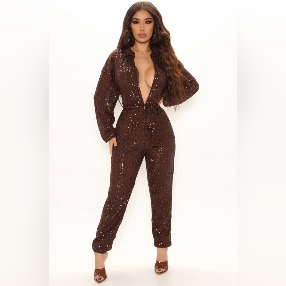 Brown Sequin Jumpsuit Large
